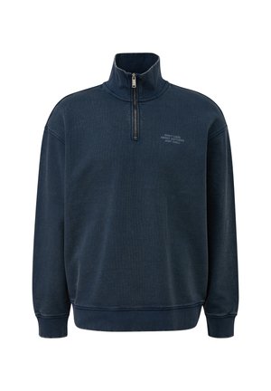 Marineblauwe fluwelen sweatshirt met hoge kraag, halve rits aan de voorkant, geribde manchetten en een kleine tekstafdruk op de bovenste linkerborst.