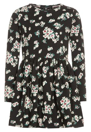 Vestido negro de manga larga con cintura fruncida y un patrón floral en blanco y rosa disperso por toda la tela.