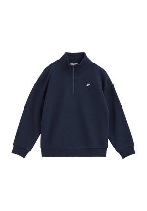 Pull bleu marine à manches longues avec fermeture éclair quart de zip, poignets et ourlet côtelés, avec un petit logo oiseau blanc sur la poitrine gauche.