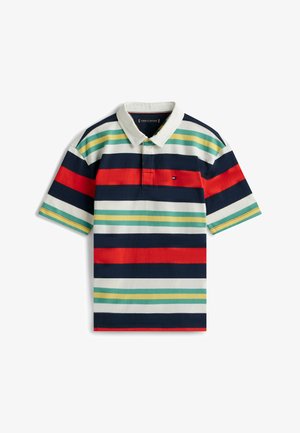 Kortærmet polo med hvid krave, der har brede, horisontale striber i marineblå, rød, hvid, grøn og gul, lagt fladt.