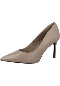 Pompe à talon haut beige avec un bout pointu et un extérieur en cuir lisse. Elle présente un talon aiguille mince et une texture de doublure intérieure subtile.