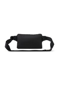 Bolso bandolera negro de nailon con un cuerpo rectangular acolchado, correa ajustable y hebilla de plástico. Textura suave sin patrones visibles.