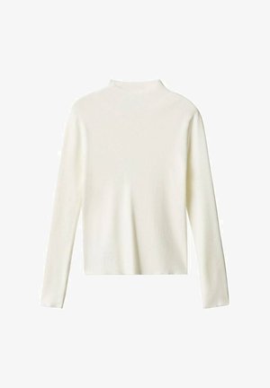 Long-sleeve white sweater with a mock neck, straight cut, and plain knit fabric.