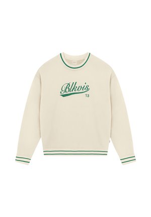 Kremfarget hettegenser med grønn "Blkvis 13"-tekst, grønne striper på krage, mansjetter og nederkant, lagt flatt på hvit bakgrunn.