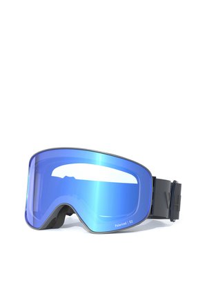 Skibril met een blauw gespiegelde lens en een zwart montuur. Heeft een comfortabele schuimvoering en een verstelbare band. Lichtgewicht ontwerp.