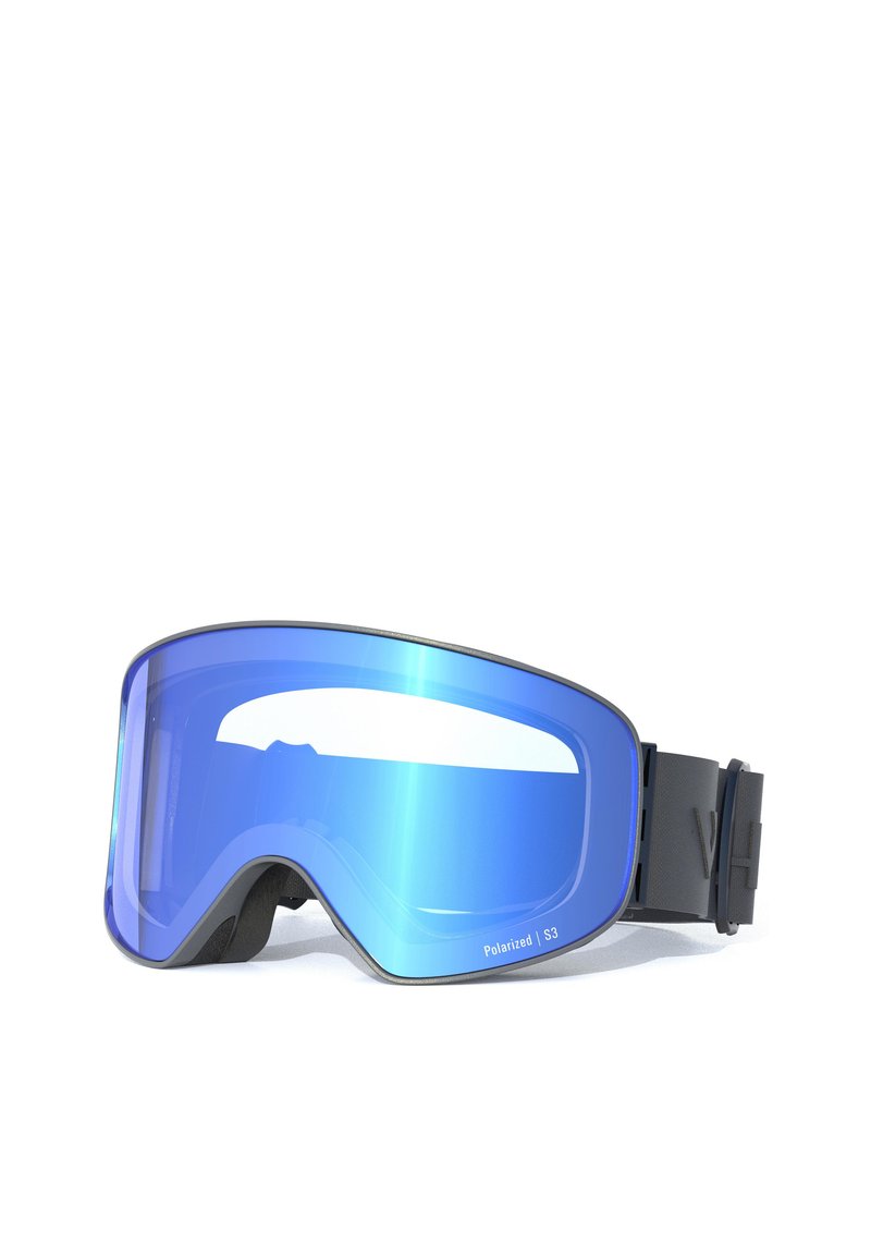 Laskettelulasit, joissa on sininen peililinssi ja musta kehys. Mukava vaahtomuovivuori ja säädettävä nauha. Kevyt muotoilu.