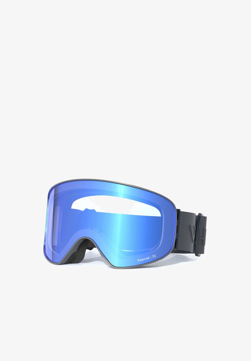 Laskettelulasit, joissa on sininen peililinssi ja musta kehys. Mukava vaahtomuovivuori ja säädettävä nauha. Kevyt muotoilu.