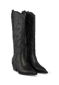 Schwarze Leder-Stiefel im Cowboy-Stil mit spitzer Zehenform, dekorativen Nähten am Schaft und einem niedrigen gestapelten Absatz. Glatte Textur und strukturiertes Design.