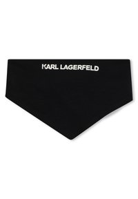 Zwarte katoenen bandana in een driehoekige vorm; bevat witte tekst "KARL LAGERFELD" gecentreerd langs de bovenrand.