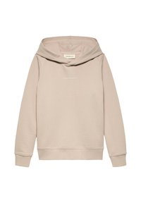 Felpa beige di Calvin Klein Jeans con maniche lunghe, logo centrale sul davanti e cappuccio appiattito su uno sfondo bianco.