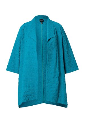 Giacca turchese aperta sul davanti con trama, ampi risvolti e maniche a tre quarti, progettata per una vestibilità comoda.