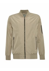 Veste bomber légère beige avec fermeture éclair à l'avant, col côtelé, poignets, ourlet, deux poches zippées à l'avant et une poche zippée sur la manche gauche.