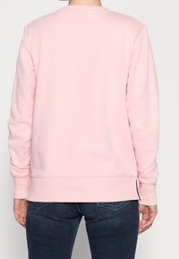 Jasnoróżowa bluzka z okrągłym dekoltem, z prążkowanymi mankietami i dolnym brzegiem, o miękkiej teksturze i delikatnych rozcięciach po bokach.