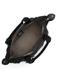 Black fabric handbag with a zippered top, textured exterior, dual handles, and a beige interior lining featuring a label.