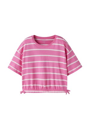 Pink short-sleeve shirt with white horizontal stripes, round neckline, and gathered hem tied with small bows on both sides.