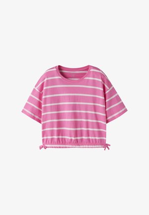 Pink short-sleeve shirt with white horizontal stripes, round neckline, and gathered hem tied with small bows on both sides.