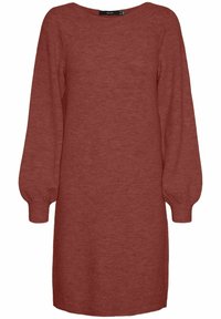 Abito in maglia di colore ruggine profondo con maniche puff lunghe e scollatura rotonda. Tessuto morbido, vestibilità rilassata e senza chiusure visibili.
