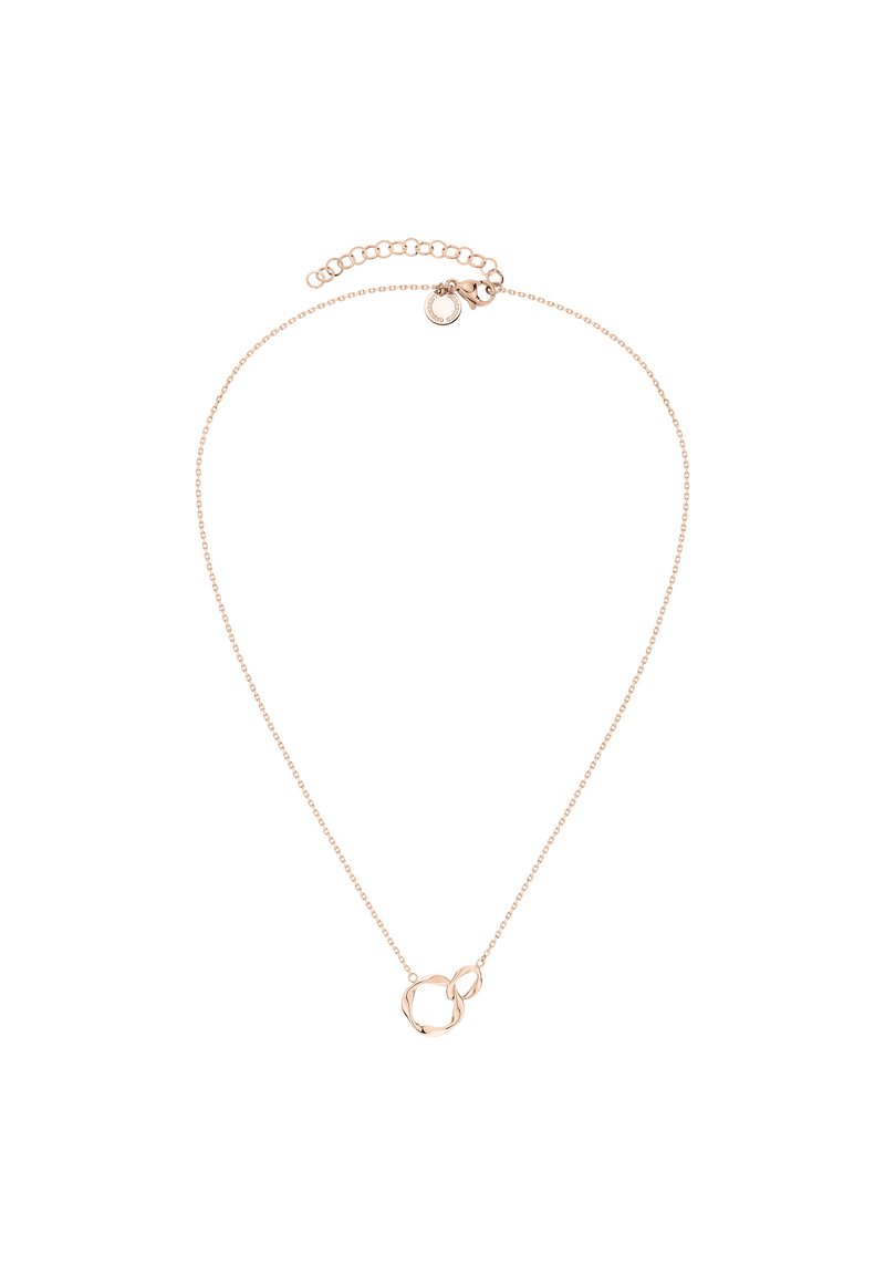 Guldfarvet metalhalskæde med to sammenkoblede cirkulære vedhæng. Delikat kæde med lås og justerbar længde for en passende pasform.