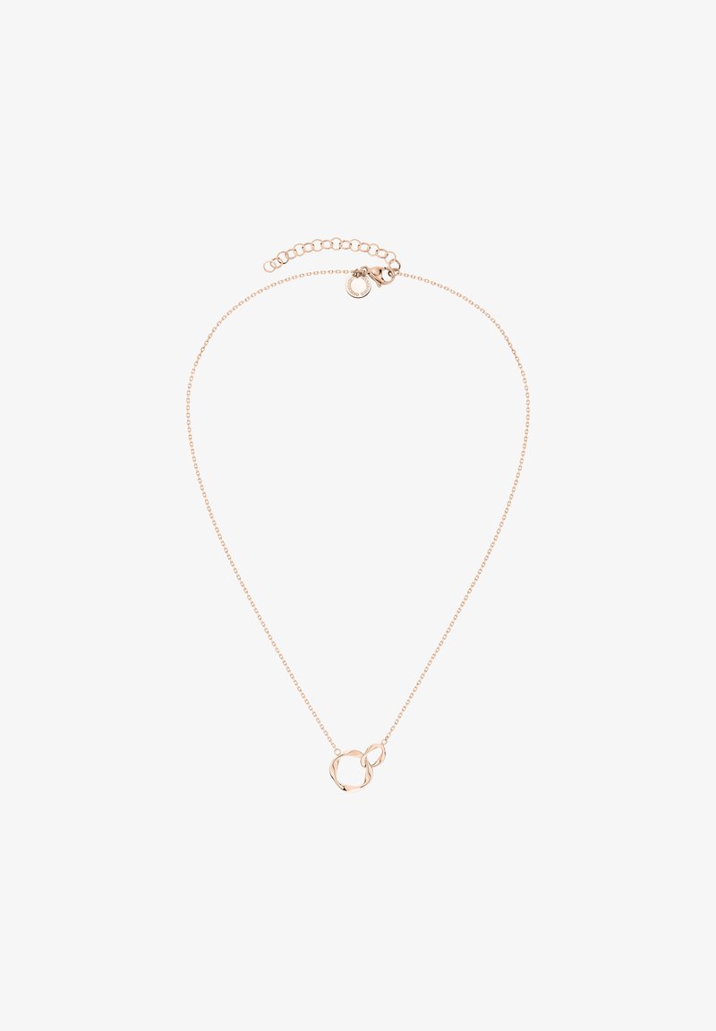 Guldfarvet metalhalskæde med to sammenkoblede cirkulære vedhæng. Delikat kæde med lås og justerbar længde for en passende pasform.