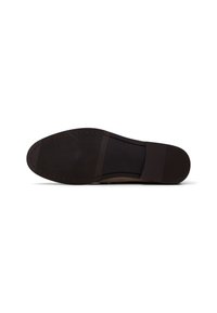 Semelle de chaussure habillée brun foncé avec grip texturé et section de talon lisse, vue du dessous sur fond blanc.
