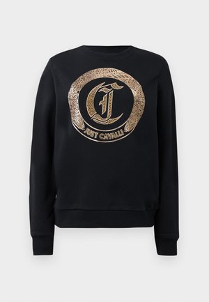 Zwarte sweatshirt met een rond gouden panterprintlogo. Zacht materiaal, ronde halslijn en geribde manchetten en zoom. Bevat de tekst "Just Cavalli".