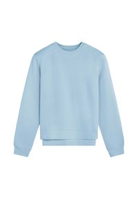 Sudadera azul clara hecha de tela suave, con cuello redondo, puños acanalados y dobladillo recto; diseño minimalista sin patrones.