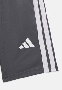 Pantalones cortos atléticos grises hechos de un tejido transpirable, con rayas blancas a lo largo de los costados y un logo blanco de Adidas cerca del dobladillo.