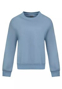 Jasnoniebieska bluza z miękkiego materiału, z okrągłym dekoltem, długimi rękawami oraz ściągaczami przy mankietach i u dołu.