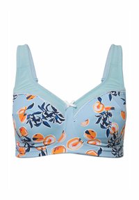 Sujetador en azul claro con un patrón floral en naranja y marino. Presenta tirantes más anchos, un borde de encaje y un detalle de lazo en el centro. Adecuado para el uso diario.