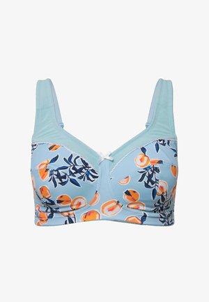 Biustonosz w jasnoniebieskim kolorze z pomarańczowym i granatowym wzorem kwiatowym. Posiada szersze ramiączka, koronkowe wykończenie oraz detal w postaci kokardy na środku. Odpowiedni do noszenia na co dzień.