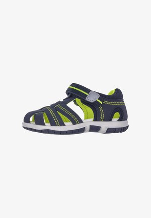 Børns navyblå og grønne sandal med lukket tå, justerbar velcro-rem og hvid gummisål.