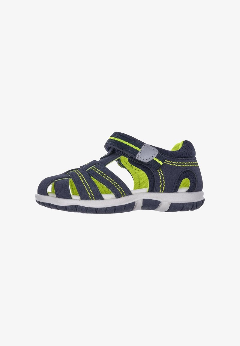 Sandale enfant bleu marine et vert avec embout fermé, bride à velcro réglable et semelle en caoutchouc blanche.