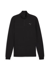 Sudadera negra de manga larga con cuello alto y media cremallera. Hecha de una tela suave, cuenta con un pequeño logo gris en el pecho.