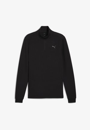 Pullover nero a maniche lunghe con colletto alto e mezza zip. Realizzato in tessuto morbido, presenta un piccolo logo grigio sul petto.