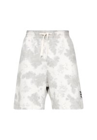 Shorts tie-dye gris et blanc en matière douce. Dotés d'une taille à cordon et d'un petit logo noir sur le bas côté gauche.