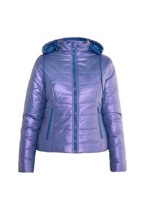 Pružná fialová bunda s lesklým povrchem, s předním zipem, kapucí a dvěma zipovými bočními kapsami. Kontrastní modrá podšívka.