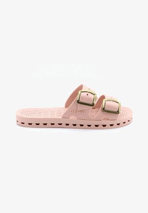 Infradito in gomma rosa con due cinturini regolabili, dotati di fibbie color oro, e una suola interna e un battistrada testurizzati.