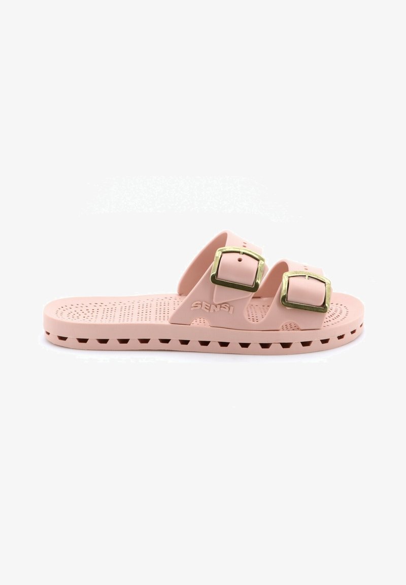 Infradito in gomma rosa con due cinturini regolabili, dotati di fibbie color oro, e una suola interna e un battistrada testurizzati.