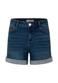 Shorts in denim di colore blu scuro, con vita alta, orli risvoltati e cinque tasche. Include un bottone frontale e una chiusura con cerniera.