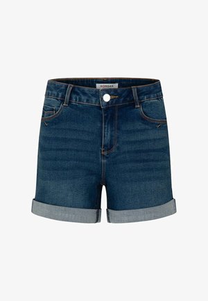 Shorts en denim bleu foncé, avec taille haute, ourlets retroussés et cinq poches. Comprend une fermeture à bouton et à zip à l'avant.