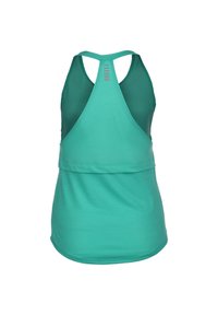 Un débardeur de sport bleu sarcelle avec un design dos nageur, en matériau léger, et un ourlet incurvé. Il présente un tissu texturé et un léger détail en mesh.