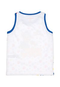 Maglietta senza maniche bianca per bambino con bordi blu attorno al collo e alle braccia, appoggiata piatta con il retro rivolto verso l'alto.