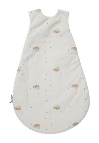 Schlafsack aus weißem Stoff mit einer glatten Textur, der ein sich wiederholendes Muster aus kleinen Füchsen und mehrfarbigen Punkten aufweist, sowie einen seitlichen Reißverschluss.