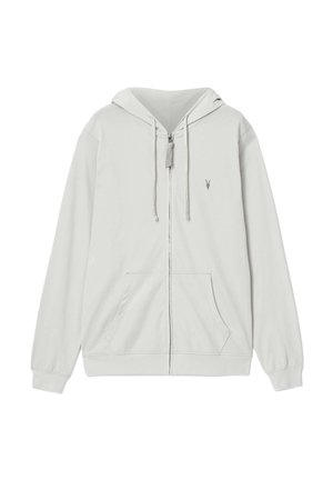 Sudadera con capucha y cremallera color gris claro, con bolsillos frontales, capucha con cordón y pequeño logo en el pecho izquierdo, extendida sobre un fondo blanco.