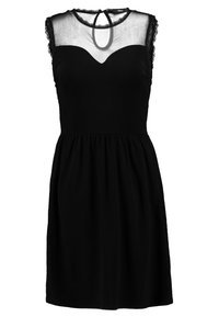 Robe noire sans manches avec un corsage ajusté, des détails en dentelle festonnée aux épaules et une jupe évasée. Fermeture dos avec une ouverture en forme de goutte.