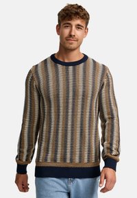 Pull en tricot avec un motif rayé dans des tons de marron, crème et bleu marine. Col et poignets côtelés. Coupe décontractée.