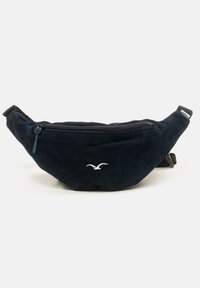 Marineblaue Cordura-Gürteltasche mit einer vorderen Reißverschlusstasche, ausgestattet mit einem weißen Vogel-Logo und einem verstellbaren schwarzen Riemen. Abgerundete Form mit strukturiertem Stoff.