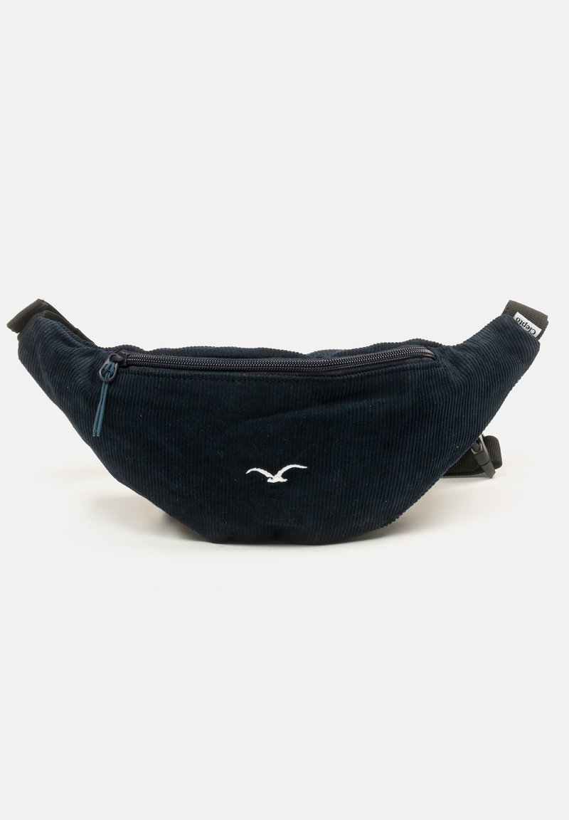 Marineblaue Cordura-Gürteltasche mit einer vorderen Reißverschlusstasche, ausgestattet mit einem weißen Vogel-Logo und einem verstellbaren schwarzen Riemen. Abgerundete Form mit strukturiertem Stoff.