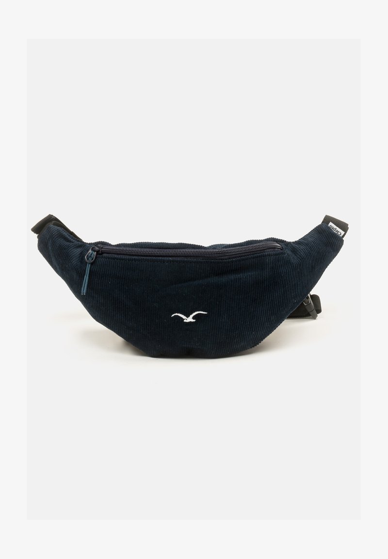 Marineblaue Cordura-Gürteltasche mit einer vorderen Reißverschlusstasche, ausgestattet mit einem weißen Vogel-Logo und einem verstellbaren schwarzen Riemen. Abgerundete Form mit strukturiertem Stoff.
