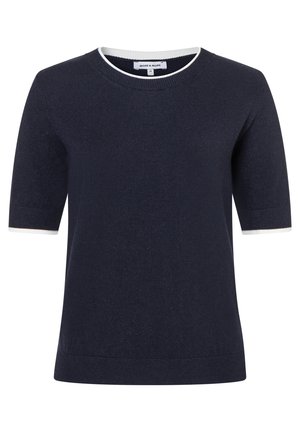 Marineblauwe trui met korte mouwen en een ronde hals, voorzien van een witte rand bij de kraag en mouwen, gemaakt van een zacht gebreid materiaal.